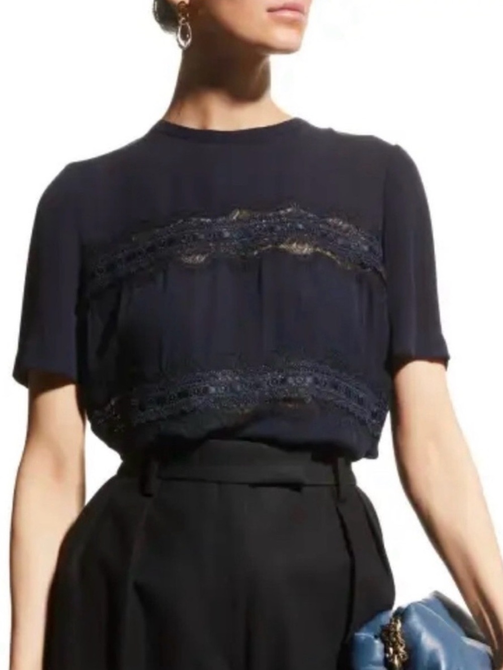 NWT REBECCA TAYLOR Lace Stripe Silk Top In Dark Navy Size XS